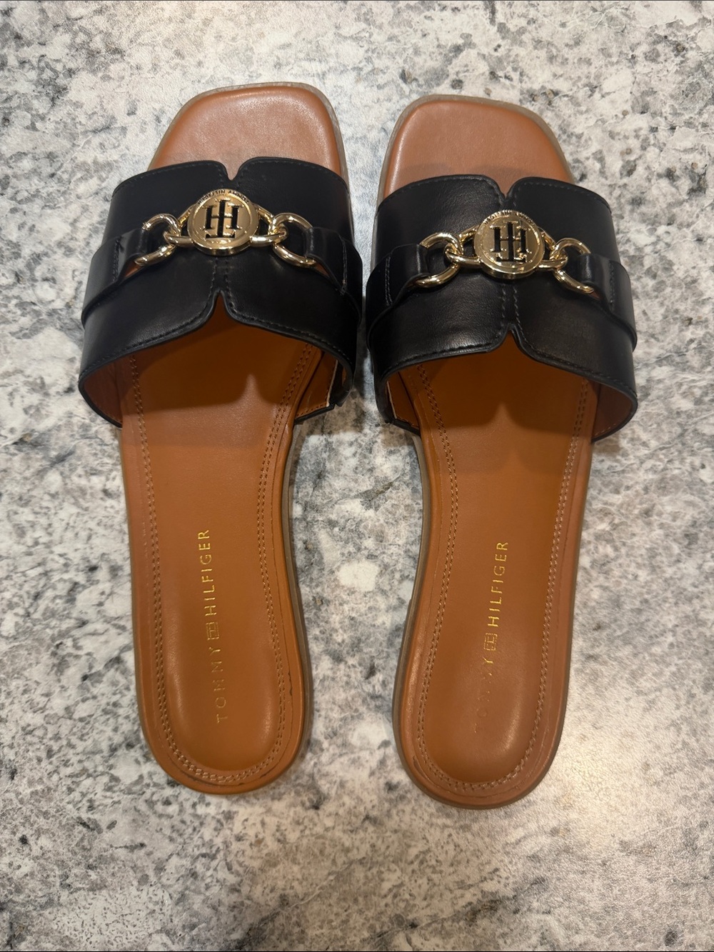 Tommy Hilfiger Black Leather Slide Mules with Gold Chain Detail